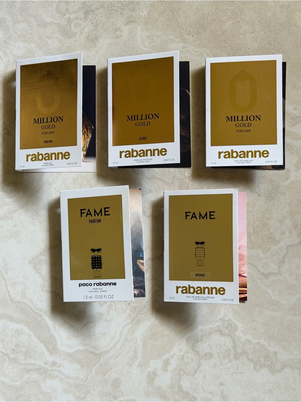 Paco Rabanne Million Gold & Fame Sample Cards in Metallic Gold and White